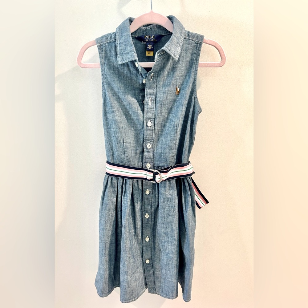 NWOT Ralph Lauren Girls Belted Flared Denim Dress Size 7